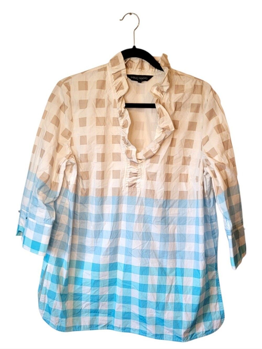 Ming Wang Women's Blue Ombre Gingham Ruffle V-Neck Blouse Size M